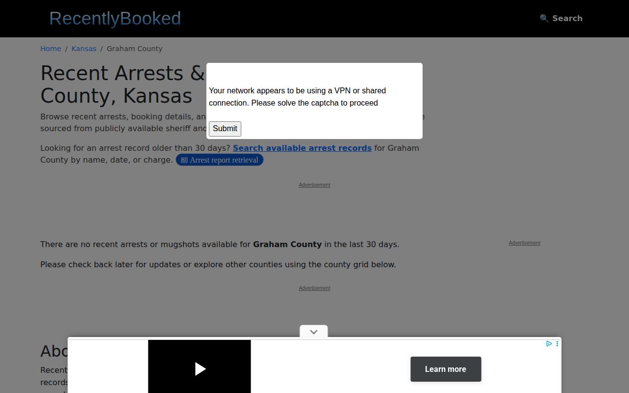 RecentlyBooked unofficial Graham County mugshot page showing its recent coverage window